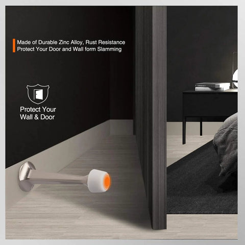 Two KOVOSCH satin-nickel solid door stops with soft rubber tips, 2-pack for wall and door protection