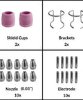 24 Piece Plasma Cutter Torch Consumables Kit For SG-55 AG-60 WSD-60 with nozzle tips, electrodes, cups, and brackets layout