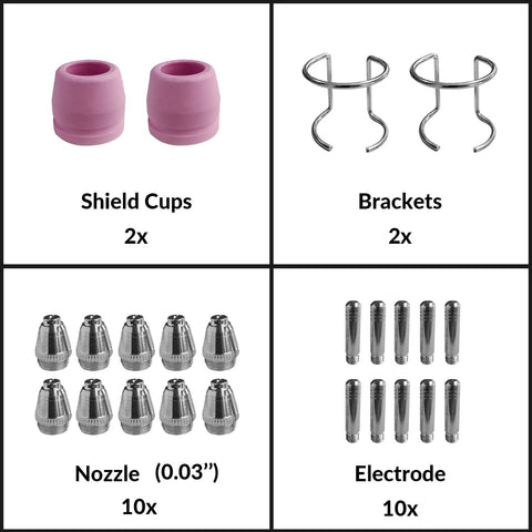 24 Piece Plasma Cutter Torch Consumables Kit For SG-55 AG-60 WSD-60 with nozzle tips, electrodes, cups, and brackets layout