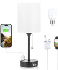 Bedside Table Lamp With 3 Color Temperatures And USB C And USB A Ports, Pull Chain, Built In AC Outlet, showing charging options.