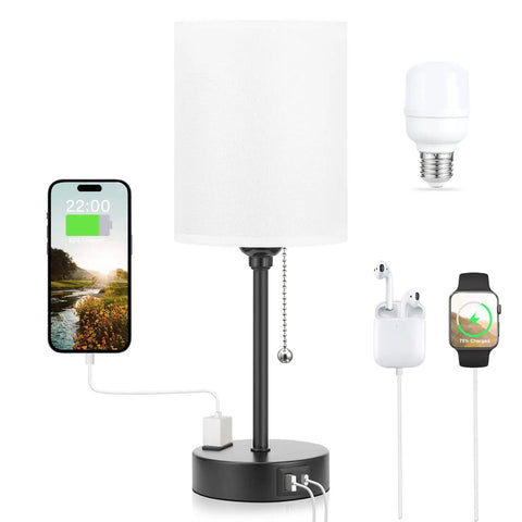 Bedside Table Lamp With 3 Color Temperatures And USB C And USB A Ports, Pull Chain, Built In AC Outlet, showing charging options.