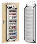 Over The Door 10 Tier White Hanging Shoe Organizer With Deep Pockets Holds 20 To 30 Pairs For Sneakers And Boots Durable Nonwoven Fabric Door Storage Solution displayed on door and separately