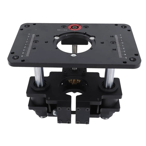 Heavy Duty Router Lift Platform Built Solid From Aluminum For Slick Manual Crank Tweaks And No Sweat Height Adjustments On Any Serious Carpentry Bench Station, top view showing adjustment scale and structure.