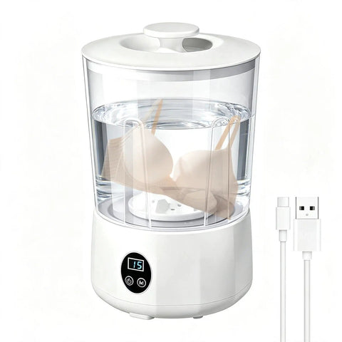 No Fuss Portable Washing Machine With Three Slick Wash Levels For Apartments And Dorms featuring a small device with a bra soaking in water.