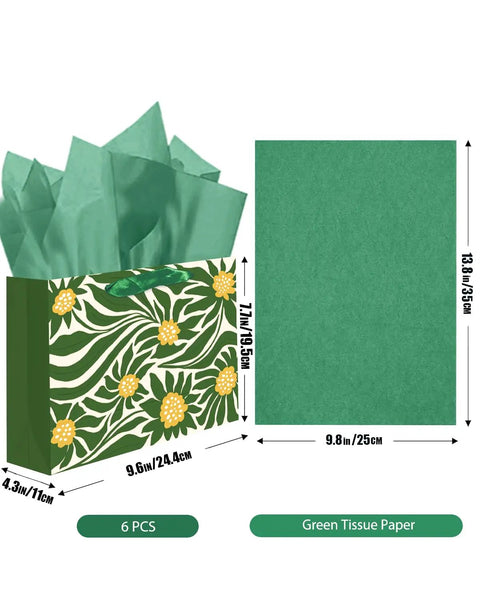 Clash Flowers Gift Bags With Tissue Paper Handles Pack Of 6 Medium Size Recyclable Cardboard Gift Bags For Parties And Gifts Bold Floral Design Eco Friendly Wrapping Supplies Perfect For Presents displayed with measurements.