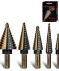 Step Drill Bit Set with 50 Sizes, Titanium Coated HSS Bits, 5 Piece Kit for Plastic Aluminum Copper and Sheet Metal