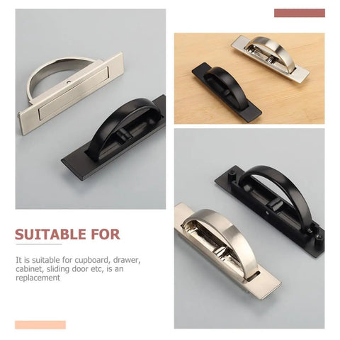 Different angles of Zinc Alloy Cabinet Door Pull Handle With Rotatable Hidden Ring For Wardrobe And Drawers Brushed Finish Cupboard Furniture Handle Durable Dresser Knobs And Pulls For No Fuss Cabinet Install in black and silver.