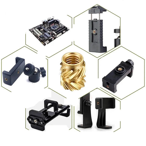 Dope Brass Hot Melt Insert Nuts For 3D Printing Projects M1-M8 Size, showing various hardware parts, including brass inserts.