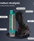 Badass Mini Submersible Sump Pump For Reliable Fluid Transfers And 12 Volt DC Output With Marine Grade Stainless Steel Frame close-up of power cord and stainless steel filter.