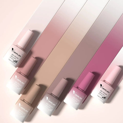 Jelly Gel Nail Polish Set Of 6 Colors In Nude Pink Sheer Tones For Neutral Skin Transparent Soak Off UV Gel For Salon Quality Nail Art At Home HEMA Free Easy DIY Manicure bottles on gradient background