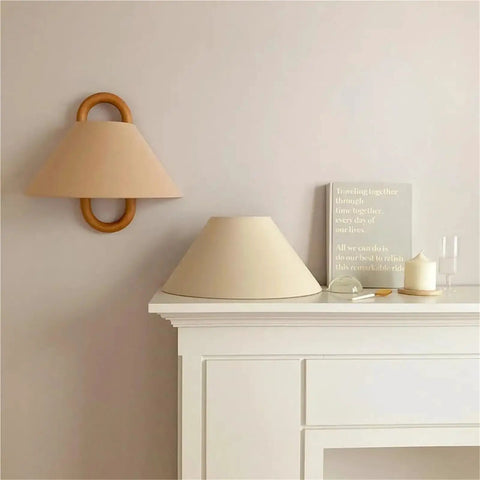 Wall Sconce Lights Indoor Bedroom Hallway Modern Fabric,Wood Ring E14 Lamp for mounted on wall with beige shade and wood ring.
