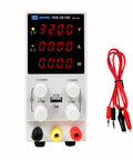 Beefy Adjustable 30V 10A DC Benchtop Power Supply With Encoder Coarse And Fine Knobs Variable Switching Regulated Lab Power Unit USB 5V 2A Charge Port Backlit Four Digit Display For Precise DIY Projects, front view with test leads