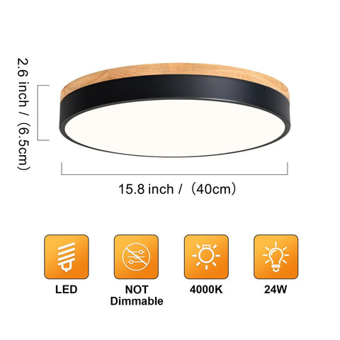 Modern Wood LED Ceiling Light Fixture With Gray Flush Mount Round Ceiling Lamp Non Dimmable 4000K Bright White Light