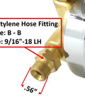 Close-up of acetylene hose fitting on oxygen and acetylene regulators combo for oxy fuel welding and cutting, 25HX series.