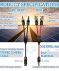 Y Branch Solar Connector Kit For PV Panels In Parallel with cable specs and installation details, 30A 1000V Rated.
