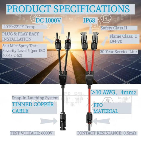 Y Branch Solar Connector Kit For PV Panels In Parallel with cable specs and installation details, 30A 1000V Rated.