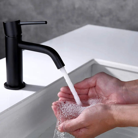 Dope Matte Black One Hole Bathroom Faucet With Pop Up Drain And Supply Hose, Single Handle Lavatory Faucet For Sink, Leak Free Stainless Steel With Ceramic Cartridge flowing water into hands