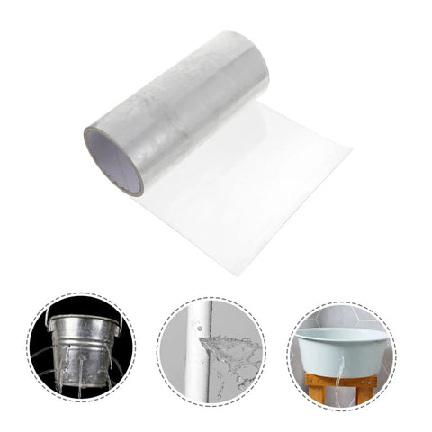 Heavy Duty Waterproof Leak Repair Tape For Plumbing And Outdoor Quick Fix Watertight Seal For Pools Buckets Tarps And More Indoor Or Outdoor Use Flexible Mending Tape showing roll and application on leaking buckets and pipes