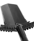 Close-up of NX6 Tempered Steel 36 Inch Shovel with double serrated blade and wide non-slip foot pegs for heavy-duty digging.