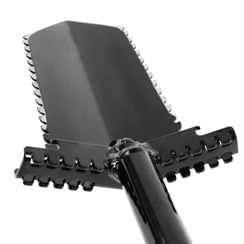 Close-up of NX6 Tempered Steel 36 Inch Shovel with double serrated blade and wide non-slip foot pegs for heavy-duty digging.