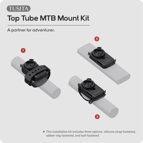 Top Tube MTB Mount For Mountain Bikes, Sturdy Bike Computer Rig For Garmin Edge And Wahoo ELEMNT showing three mounting options