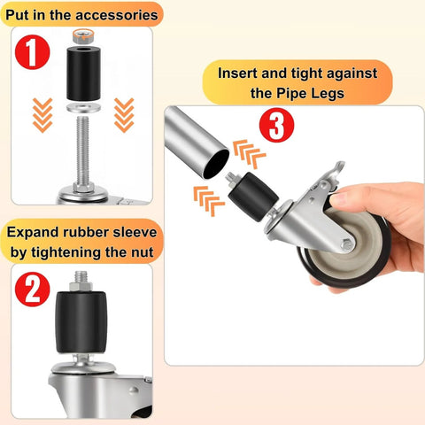 Installation steps for Expanding Stem Caster Wheels, 3 Inch, Dual Brake, Set Of 4 For 7/8 To 1-5/8 Inch Tube Legs on pipe legs.