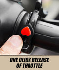 Close-up of Super Chill Highway Riding Throttle Lock Cruise Control Clip with red release button on motorcycle handlebar.