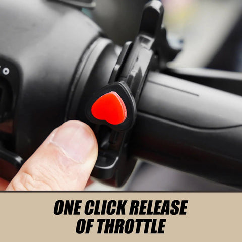 Close-up of Super Chill Highway Riding Throttle Lock Cruise Control Clip with red release button on motorcycle handlebar.