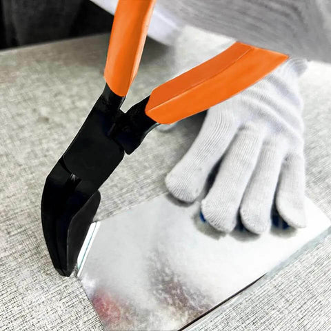 11 Inch Hand Seamer Sheet Metal Tool With 45 Degree Jaws And PVC Handle used on sheet metal by gloved hand
