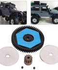 Beefed Up Metal 56T Spur Gear and 12T Pinion Gear Set with screws and gaskets for SCX10 II RC cars, shown with example installation
