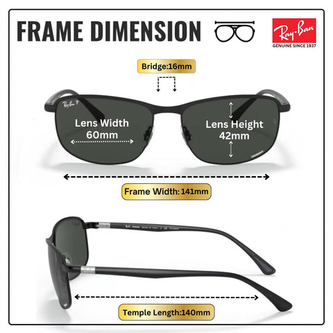 RB3671CH Square Round Polarized Sunglasses with dark gray lenses, showing frame dimensions and matte black finish.