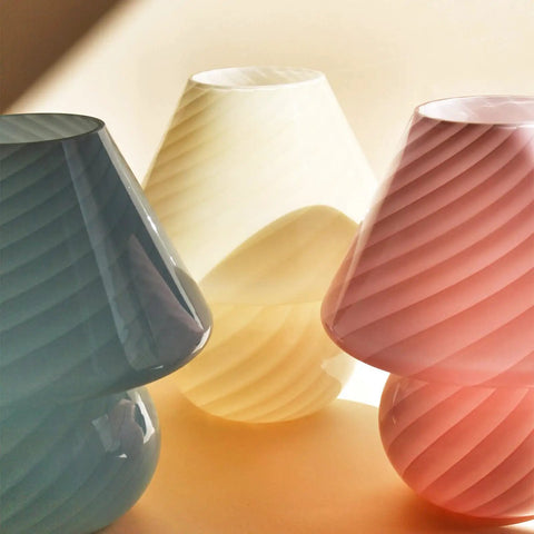 Swirl Mushroom Glass Lamp In Striped Pink, Hand Blown Translucent Murano Style Table Bedside Light with pastel lamps in background