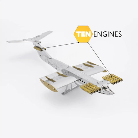 Caspian Sea Monster Ekranoplan DIY Model Kit 3D Metal Replica Build 77 Piece Silver Nonfoldable Display Set shown with ten engines detail