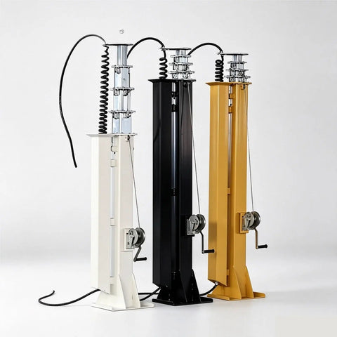 Electric Motorized Telescopic Mast 6.5M Aluminum Broadcast Antenna Pole in three colors: white, black, and yellow.