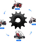 Beefed-Up 12 Tooth 420 Chain Sprocket Kit With Five Eighths Inch Bore And Sixteenth Inch Keyway surrounded by mini bikes and go-kart.