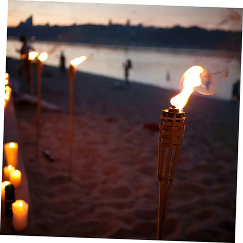 Two Pack Outdoor Tiki Torch Lights for Pathway Lighting, Refillable Garden Oil Torches, beach setting, evening ambiance