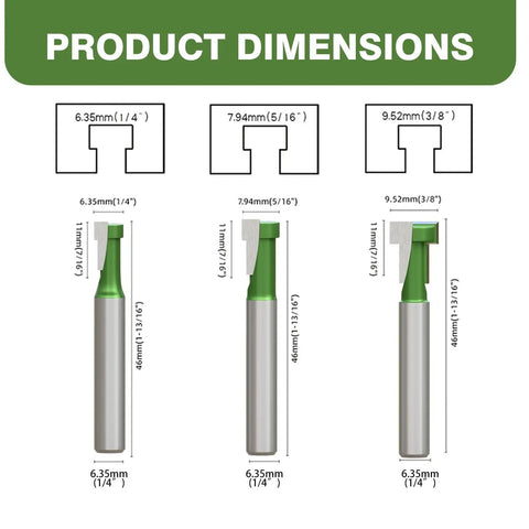 Product dimensions of Beast Mode Six Piece Keyhole Router Bit Set With One Quarter Inch Shank And Tungsten Carbide Blades.