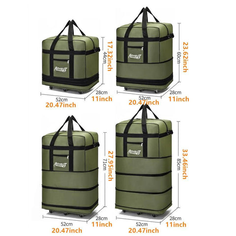 Radefasun expandable Oxford duffel bag with wheels; olive green, four sizes shown.