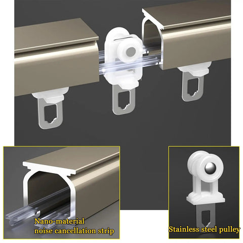 Heavy Duty Silent Sliding Barn Door Track Kit with Quality Rollers, aluminum rail, noise cancellation strip, stainless steel pulley.