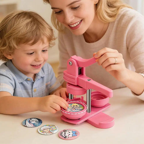 Parent and child using 58mm Button Maker Press Kit Starter Bundle For DIY Pins And Badges with pink machine and badges