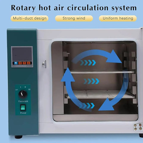 Interior view of Heavy Duty Lab Drying Oven With Digital Forced Air Convection showing rotary hot air circulation system.