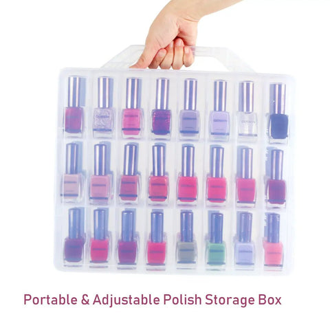 Universal Nail Polish Holder Organizer For 48 Bottles With Adjustable Dividers Space Saver held by a hand