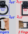 Comparison of 4-finger and 2-finger matte black sliding barn door pull handles, highlighting size and grip differences.