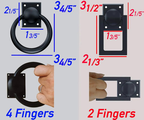 Comparison of 4-finger and 2-finger matte black sliding barn door pull handles, highlighting size and grip differences.