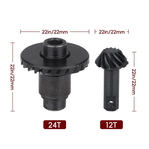 CNC machined steel 24T and 12T helical gear set for 1/18 Traxxas TRX4M crawler front and rear axle upgrade, improves durability.