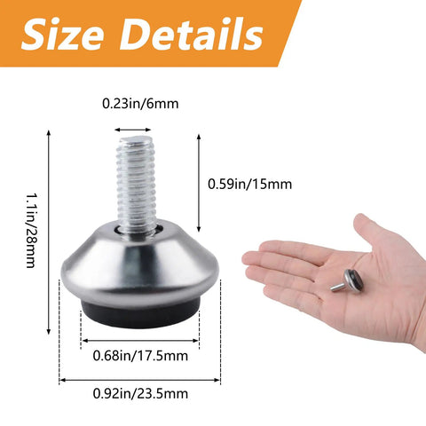 M6 Screw In Adjustable Furniture Levelers 16 Pcs Stainless Steel Swivel Table Glides shown with size details and hand for scale.