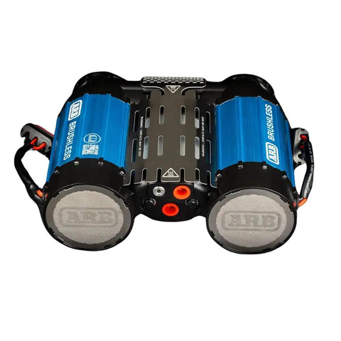 Premium Twin Motor 12V Brushless Air Compressor Built For Offroad Trucks top view showing dual motors and controls.