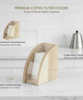 Slick Acrylic Coffee Filter Holder For Pour Over Station Straight Up Countertop Organizer with clear design and wood base.