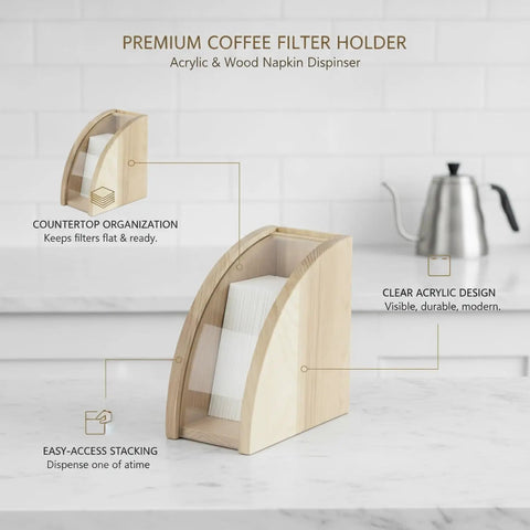 Slick Acrylic Coffee Filter Holder For Pour Over Station Straight Up Countertop Organizer with clear design and wood base.