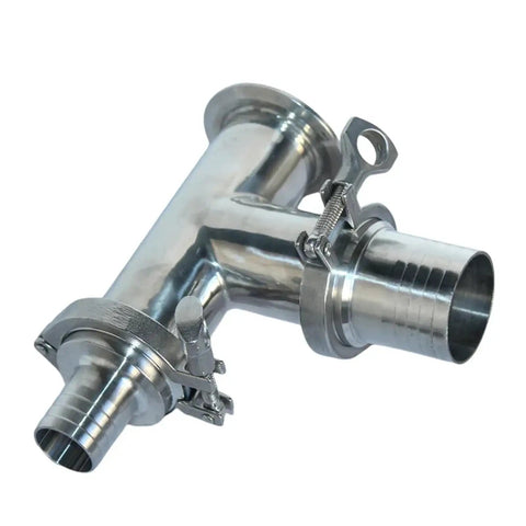 Three Way Check Valve Assembly Inlet And Outlet Shut Off For Liquid Filling Machine Boss Level Industrial Grade Durable Valve Kit With Easy Install And Reliable Flow Control For Food Beverage Cosmetic Or Chemical Lines. Stainless steel three-way valve with tri-clamp ends